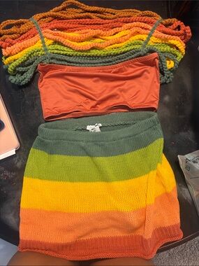 Fashion Nova Striped Knit Mini Skirt in Olive, Yellow & Rust